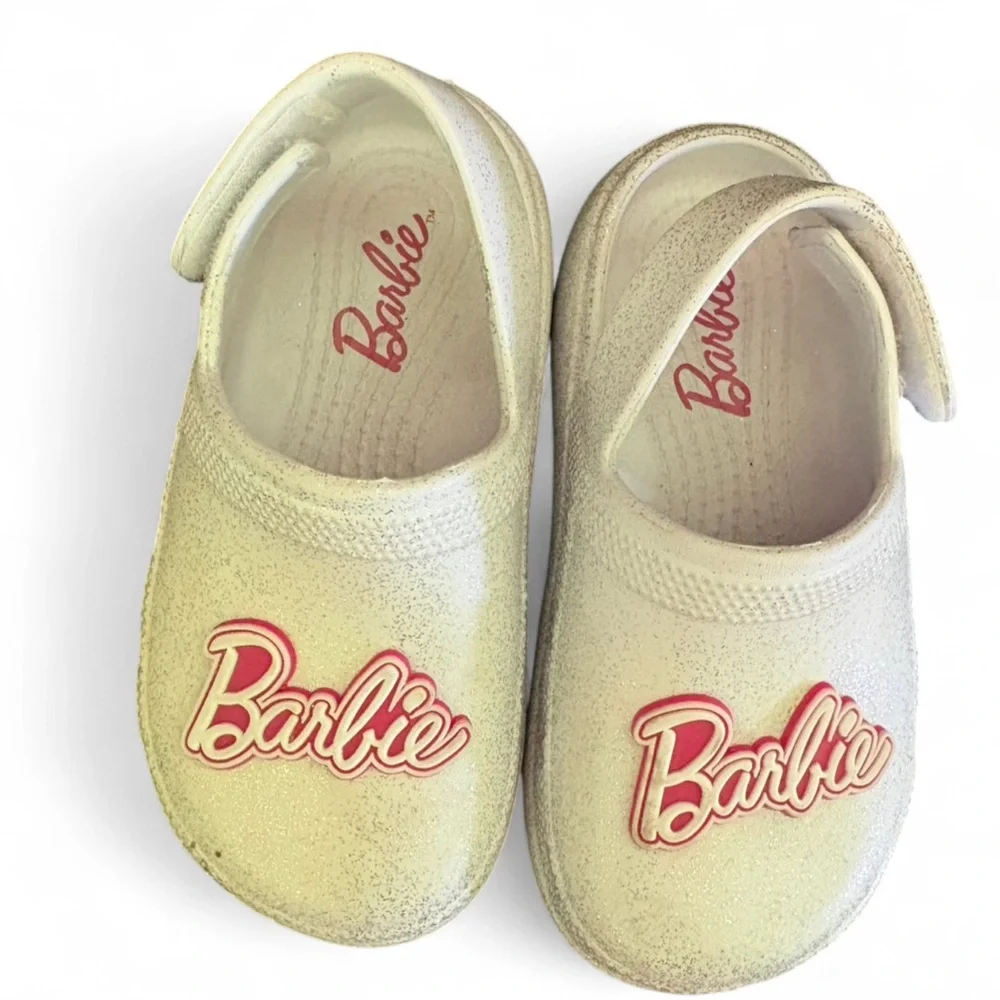 Sparkly white and pink Barbie crocs clog slide on shoes girls size 9